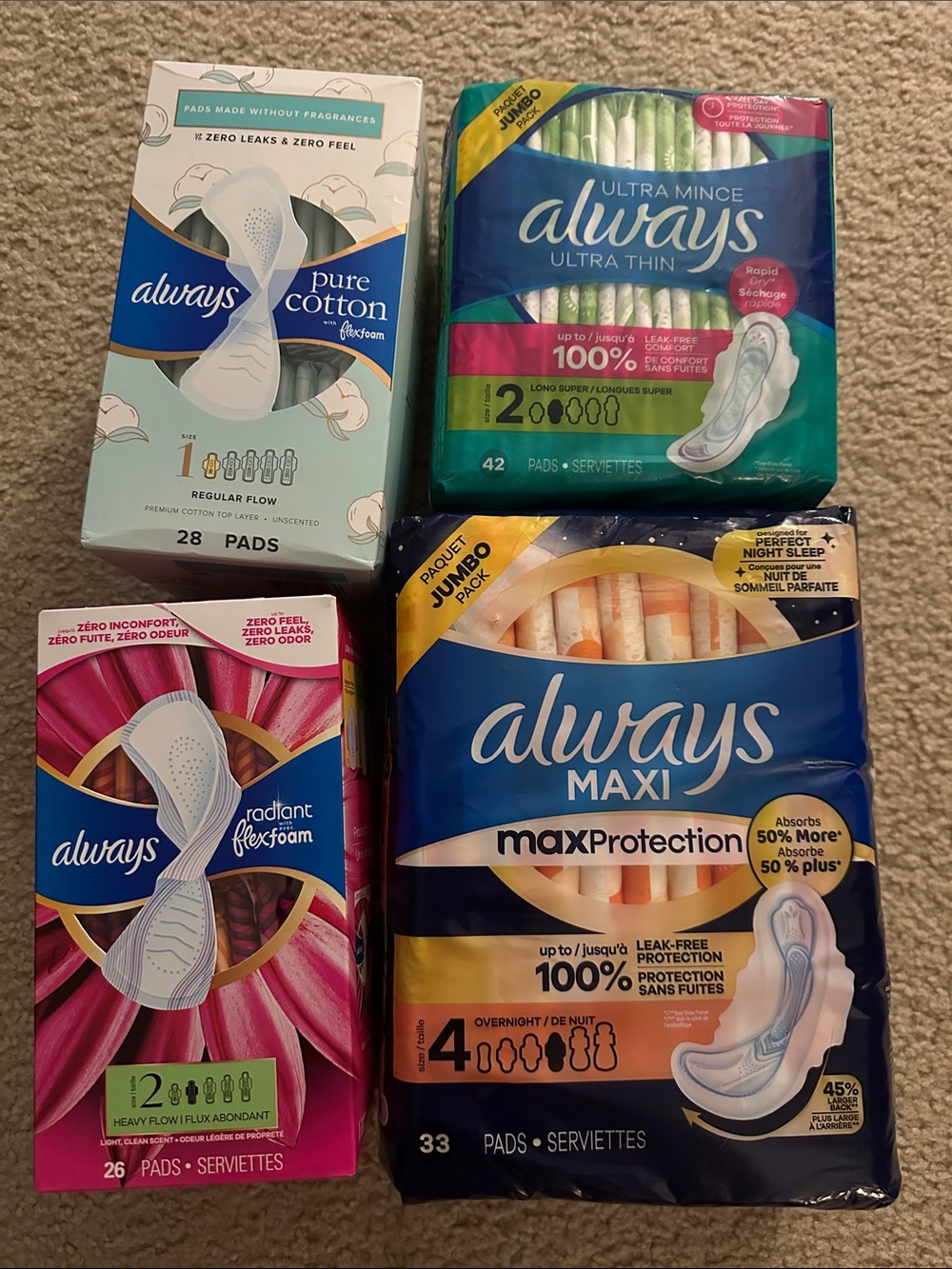 Always Women’s Maxi & Ultra Thin Pads - Mixed Packs new bundle. 4 packs total